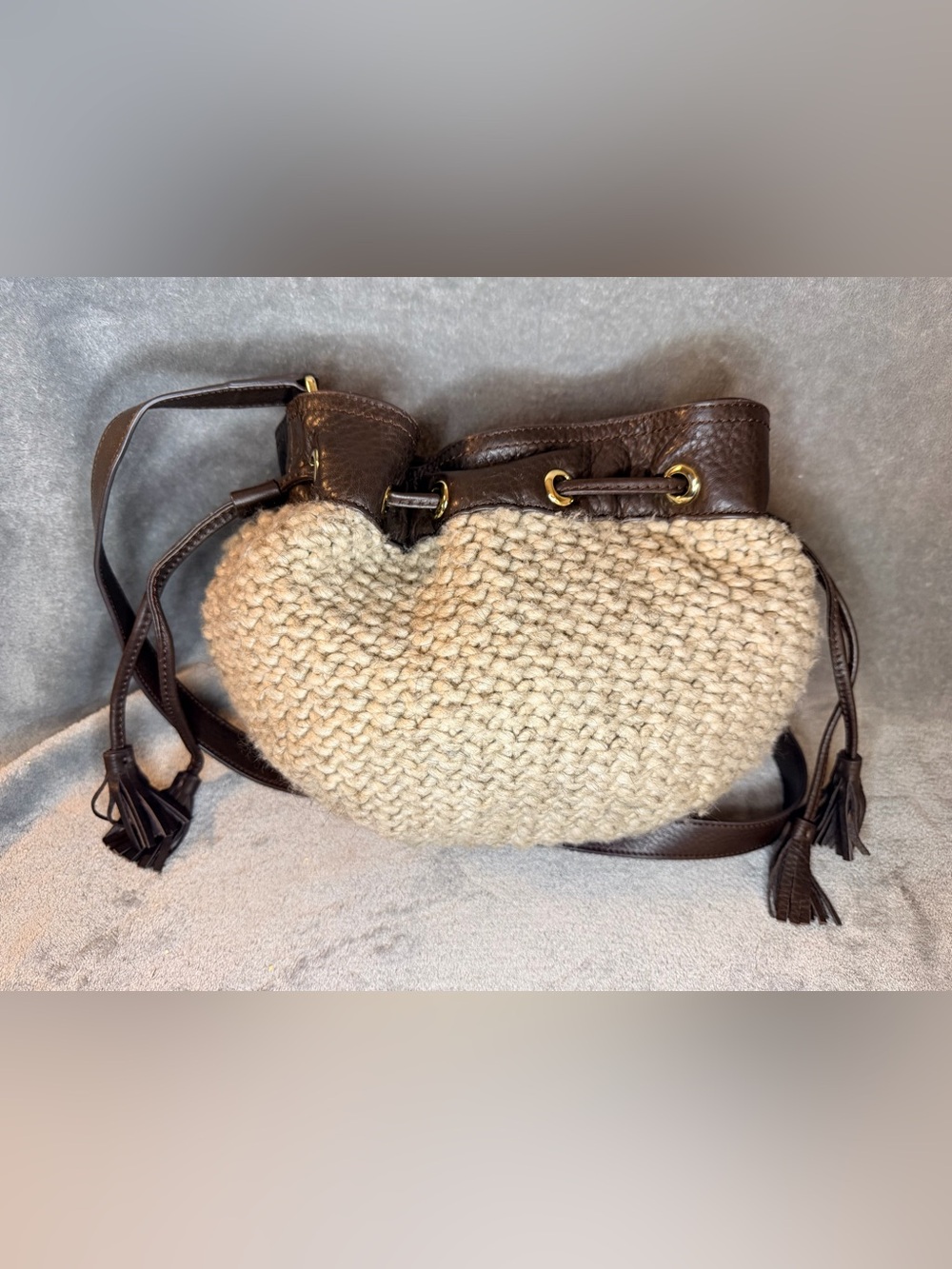 UGG Cable Knit Lambswool and Yak Drawstring Hobo w/ Brown Leather Trim - Picture 8 of 12